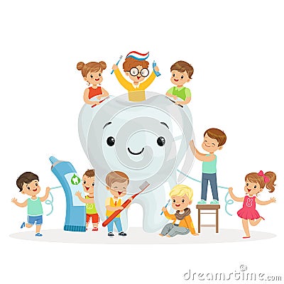 Little children take care of and clean a large, smiling tooth. Colorful cartoon characters Vector Illustration