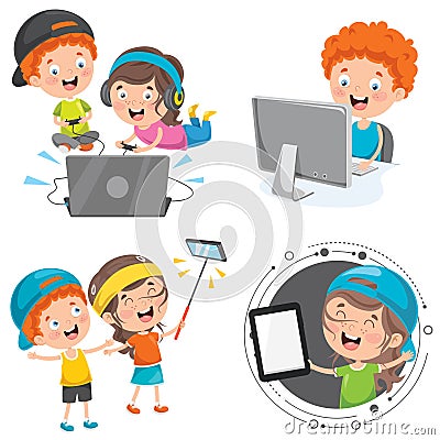 Little Children Using Technology Devices Vector Illustration
