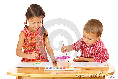 Little children with watercolor paintings Stock Photo