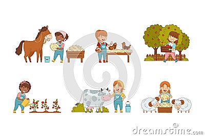 Little Children Working on the Farm Feeding Livestock, Harvesting and Gardening Vector Set Vector Illustration