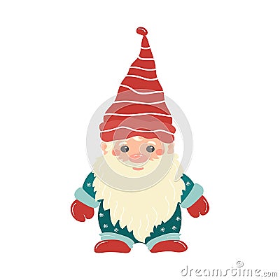 Little Christmas gnome in red striped hat, pajamas. Vector Illustration