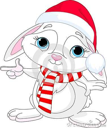 Little Christmas rabbit pointing Vector Illustration