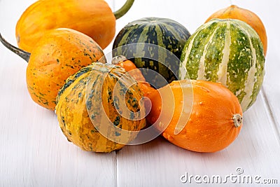 Little colorful ornamental pumpkins squash gourds Stock Photo