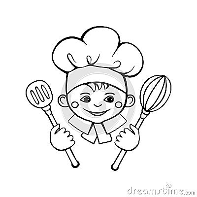 Smiling cute face of a little cook. Hand drawn vector drawing in cartoon style isolated on white background. Vector Illustration