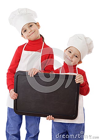 Little cookers with empty horizontal chalkboard Stock Photo