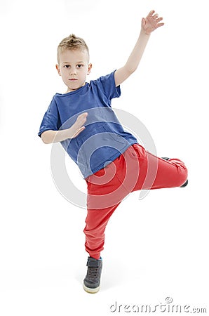 Little cool hip-hop boy in dance. Studio shot. Stock Photo