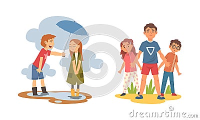 Little Courteous Boy Holding Umbrella Protecting Girl from Rain and Defending Weak Vector Set Vector Illustration