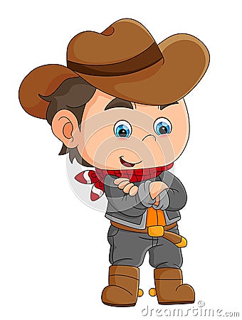 The little cowboy wearing the hat and standing cross the hand Vector Illustration