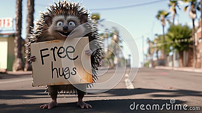 little crazy cute cartoon hedgehog holding a sign free hugs, Lets Hug, banner, copy space Stock Photo