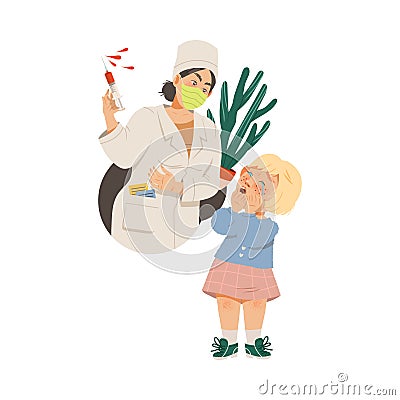 Little Crying Girl Afraid of Doctors and Injection Vector Illustration Vector Illustration