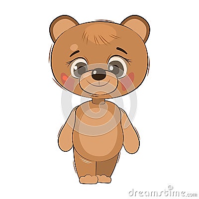 Little cub bear. Teddy. Isolated object on a white background. Cheerful kind animal child. Cartoons flat style. Funny Vector Illustration