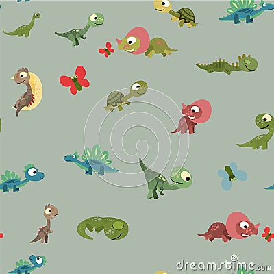 Little cubs dinosaurs. Pretty. Seamless background illustration. Cheerful kind animal baby dino. Cartoons flat style Vector Illustration
