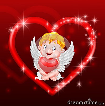 Little cupid holding heart Vector Illustration