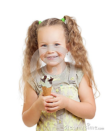 Little curly girl eating ice cream in studio Stock Photo