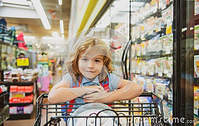 Little customer child at grocery or supermarket with goods in shopping trolley. Stock Photo