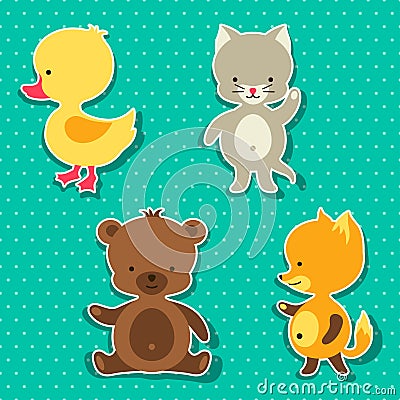 Little cute baby cat, bear, fox and duck stickers Vector Illustration