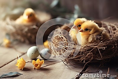 Little cute baby chicks in a bucket, playing at home, yellow newborn baby chicks Stock Photo