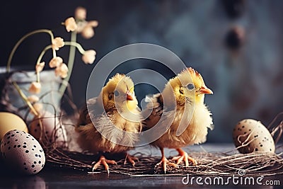 Little cute baby chicks in a bucket, playing at home, yellow newborn baby chicks Stock Photo