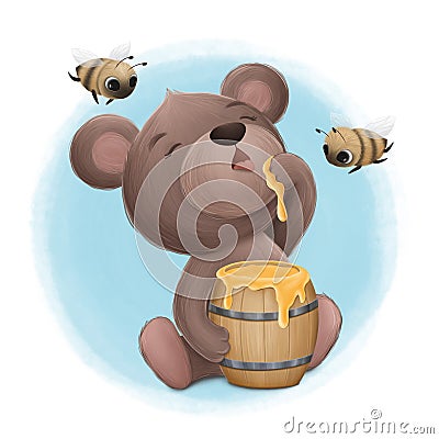 Little Cute Bear Enjoys Sweet Honey Cartoon Illustration