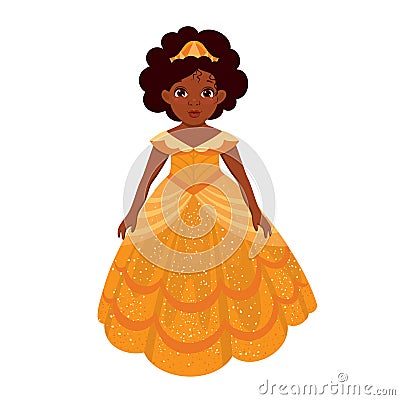 Little cute beautiful african american princess in cartoon style Vector Illustration