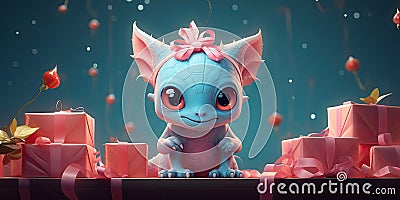 little cute blue dragon among boxes with gifts, banner, copy space Cartoon Illustration