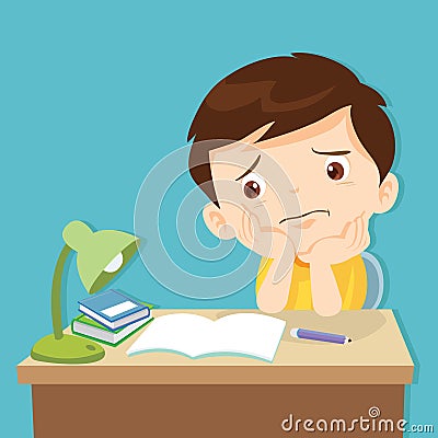 Little cute boy bored homework Vector Illustration