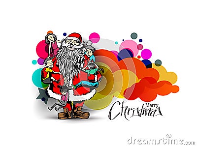 Little cute boy and girls hugging Santa Claus - Christmas Scene Vector Illustration