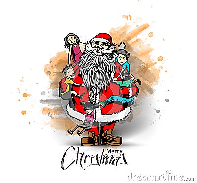 Little cute boy and girls hugging Santa Claus - Christmas Scene Vector Illustration