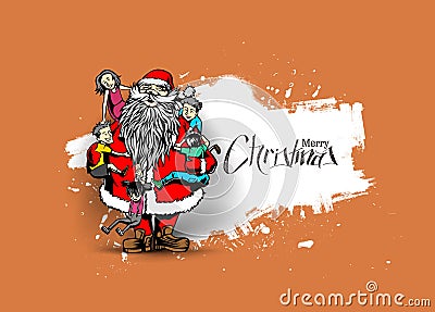 Little cute boy and girls hugging Santa Claus - Christmas Scene Vector Illustration