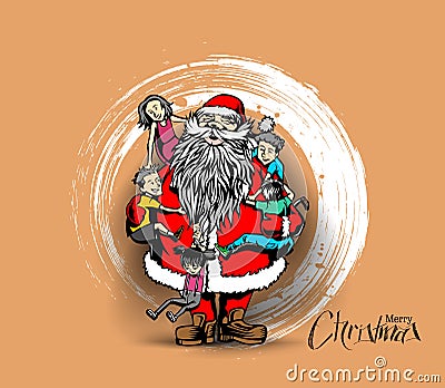 Little cute boy and girls hugging Santa Claus Vector Illustration