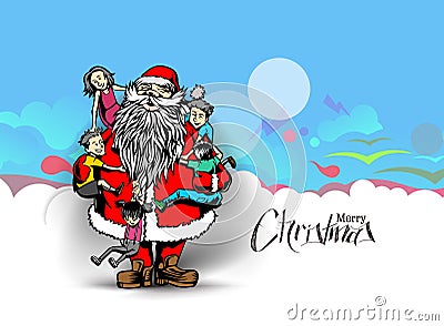 Little cute boy and girls hugging Santa Claus - Christmas Scene Vector Illustration