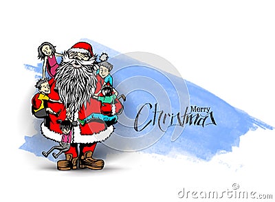 Little cute boy and girls hugging Santa Claus Vector Illustration