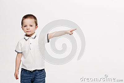 Little boy pointing by finger up and looking at stars. Stock Photo