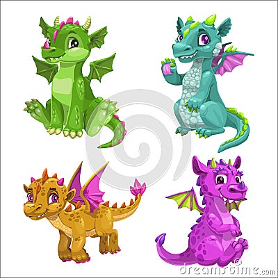 Little cute cartoon baby dragons set. Vector. Vector Illustration