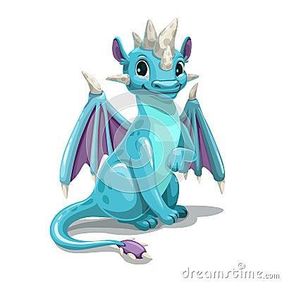 Little cute cartoon blue dragon. Isolated on white background. Vector Illustration