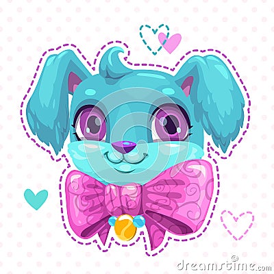 Little cute cartoon blue fluffy puppy face. Vector Illustration