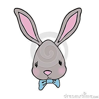 Cute little hare with pink cheeks and a blue bow tie on a white background Stock Photo