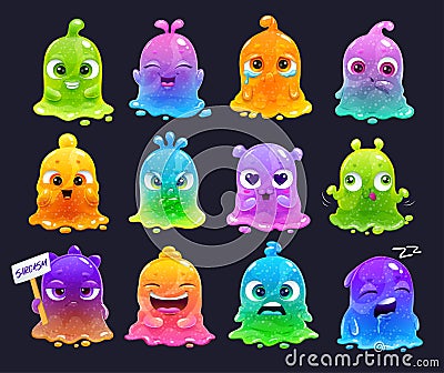 Little cute cartoon colorful glitter slime characters set. Vector Illustration