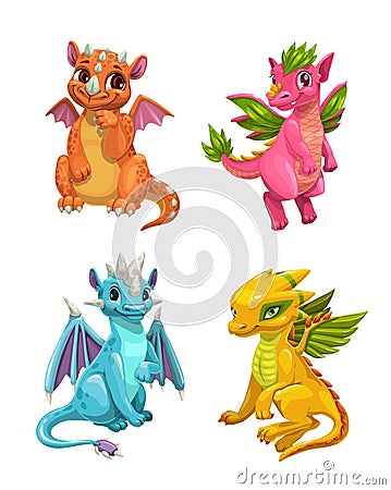 Little cute cartoon dragons set. Colotful fantasy monsters. Vector Illustration