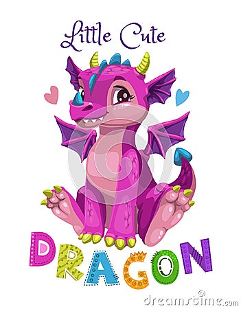 Little cute cartoon pink dragon girl. Vector illustration. Vector Illustration