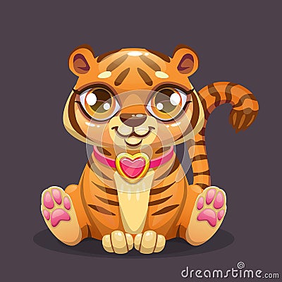 Little cute cartoon sitting baby tiger icon Vector Illustration
