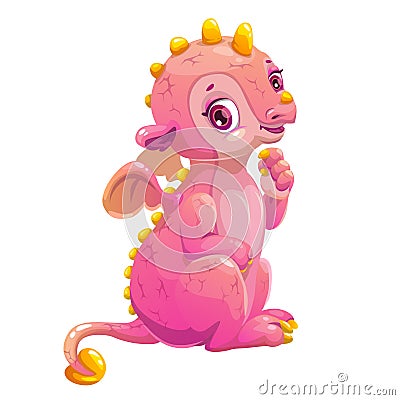 Little cute cartoon sitting pink dragon. Vector Illustration