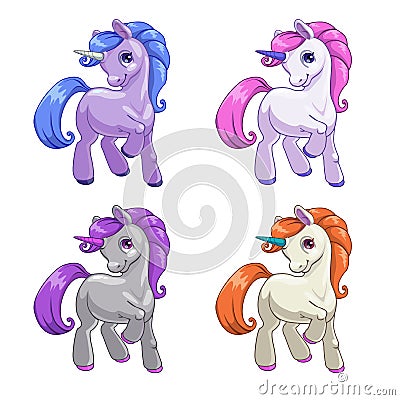Little cute cartoon unicorn icons set. Vector fantasy pony. Vector Illustration