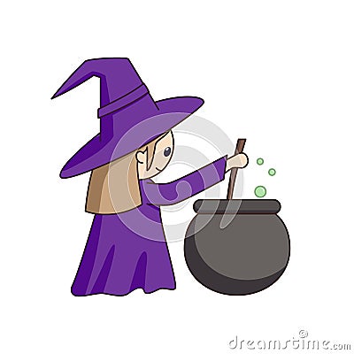 Little cute cartoon witch brews a potion in a cauldron Vector Illustration