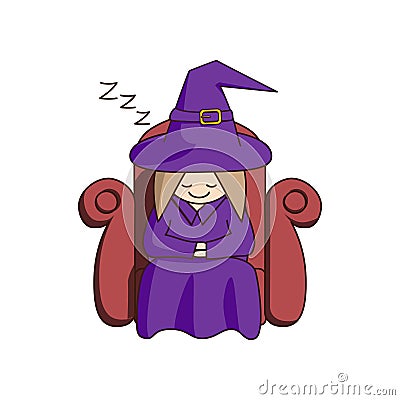 Little cute cartoon witch sits and sleeps in a red chair Vector Illustration