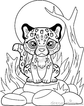 Little cute cheetah sitting on stones, coloring book, funny illustration Vector Illustration