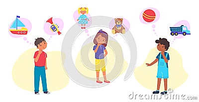 Little cute children character girl and boy dreaming new plaything, dreamy cheerful child flat vector illustration Vector Illustration