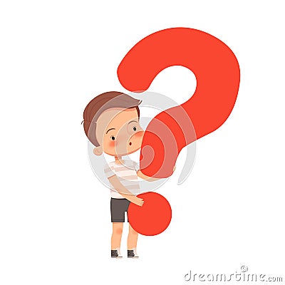 Little cute curious boy holds a question mark. The child asks questions and is interested in the world. Vector Illustration