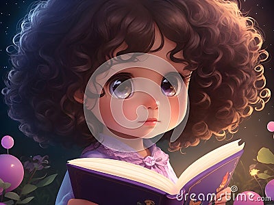 a little cute curly haired girl reading a book Stock Photo