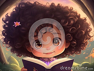 a little cute curly haired girl reading a book Stock Photo